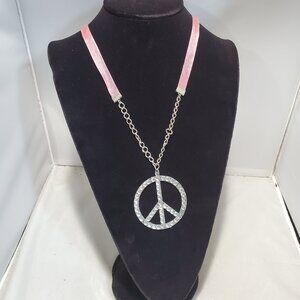 Bijou Iridescent Peace Sign silver with ribbon Necklace:
